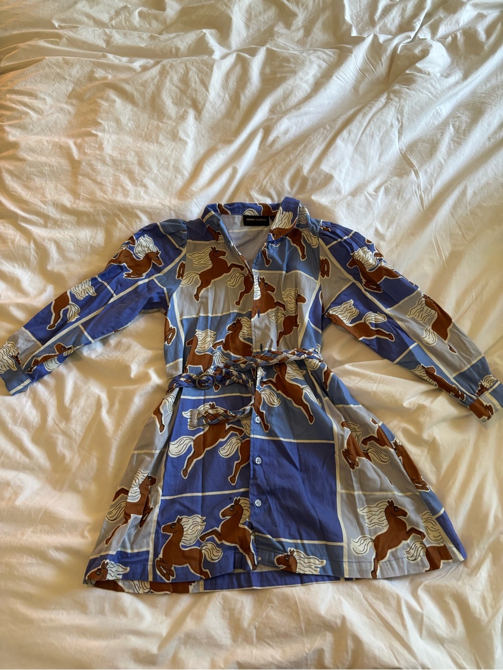 Mini Rodini Blue Dress with Brown Horse Print